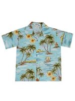 Ky's Vintage Hibiscus  Blue Cotton Poplin Boy's Hawaiian Shirt