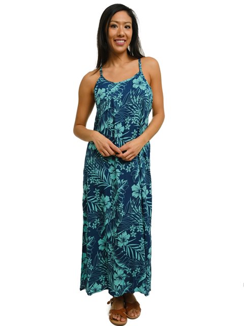 Napua Collection Honolulu Hibiscus Blue Rayon Racer Back O Ring Maxi Dress Alohaoutlet