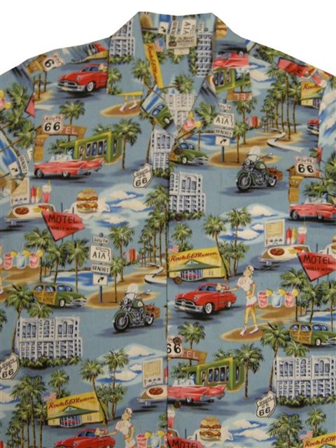 Aloha Republic Route 66 Memory Lane Blue Cotton Men's Hawaiian Shirt