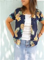 Two Palms Golden Pineapple Navy Rayon Women's Hawaiian Shirt