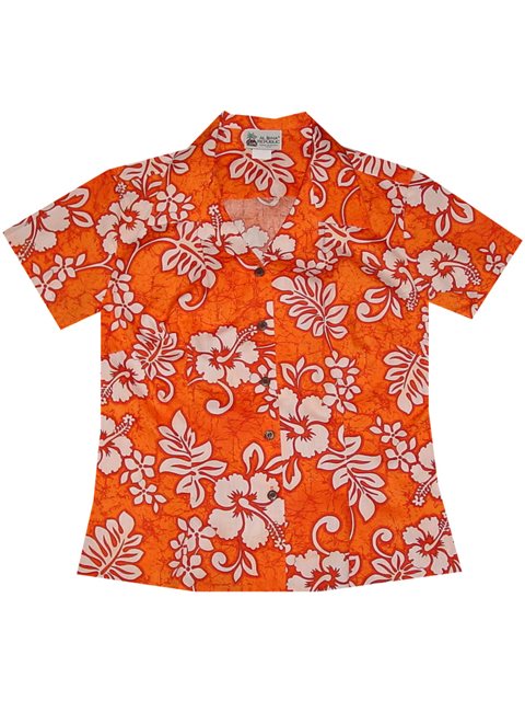 Aloha Republic Batik Hibiscus Orange Cotton Women s Hawaiian Shirt