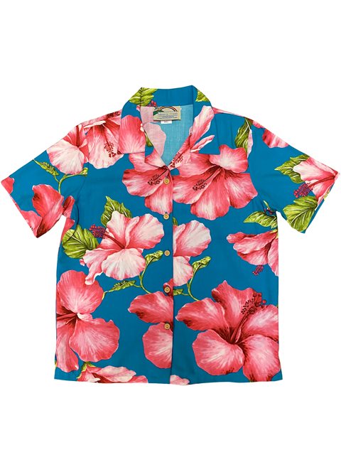 Paradise Found Hibiscus Blossom Blue Rayon Women's Hawaiian Shirt , M
