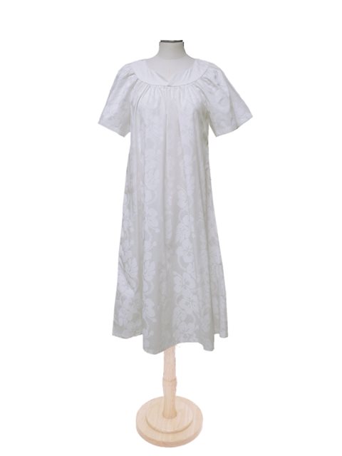 Ky s White Hibiscus White Cotton Hawaiian Midi Muumuu Dress