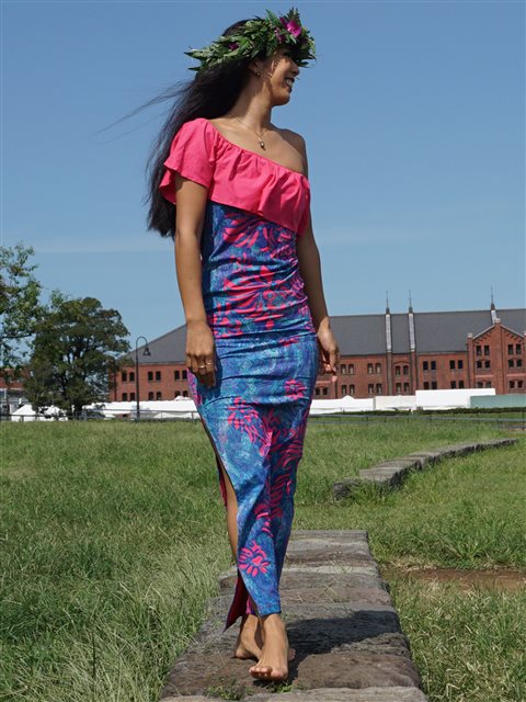 Pacific Islands Art N35 フィジー スパンデックス ロングスカート ドレス [エアータヒチ/ピンク＆ブルー]