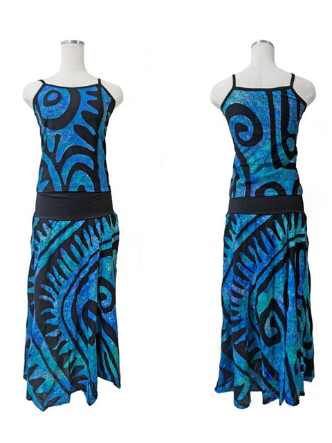 Pacific Islands Art フィジー キャミソール&スカート セットアップ [トゥルル/ブラック & ブルー]