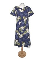 Ky's Classic Orchid Navy Blue Cotton Hawaiian Midi Muumuu Dress