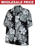 [Wholesale] Pacific Legend Hibiscus & Monstera Black Cotton Men's Hawaiian Shirt