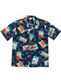 Aloha Republic Hawaiian Holiday Greetings Navy Cotton Men&#39;s Hawaiian Christmas Shirt