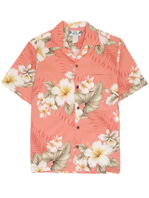 Two Palms Hibiscus Trend Coral Cotton Men's Open Collar Hawaiian Shirt , L