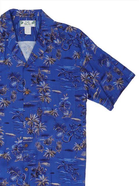 Two Palms Golden Vintage Blue Rayon Men's Hawaiian Shirt | AlohaOutlet