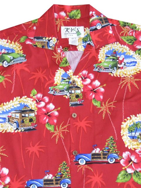 KY'S International Fashion White Hibiscus Panel Red Hawaiian Shirt Medium