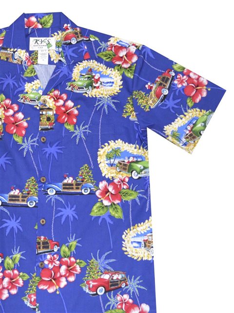KY'S Hawaiian Fish Blue Cotton Poplin Men's Hawaiian Shirt , XL