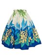 Anuenue (Pau) Plumeria &amp; Palm Leaf Border Blue &amp; Cream Poly Cotton Single Pau Skirt / 3 Bands