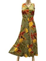 Paradise Found Vintage Pineapple Olive Rayon Hawaiian Long Dress