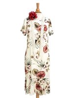 [USED] Royal Hawaiian Creations Hibiscus&Monstera Cream Rayon Hawaiian Amber Sleeve Midi Dress (Used)