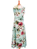 [USED ITEM] Royal Hawaiian Creations Hibiscus & Monstera Light Blue Rayon Hawaiian Sleeveless Back Tie Long Dress (Used)