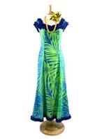 [USED ITEM] Anuenue Ginger Lime & Turquoise Poly Cotton Hawaiian Nahenahe Ruffle Long Muumuu Dress (Used)