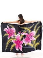 BLACK PINK Orchid and Green leaves Black Hand Printed Pareo Sarong