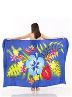 Blue Hibiscus & Tropical flower leaves BLUE   Blue Hibiscus & Tropical flower leaves BLUE  Hand Printed Pareo Sarong