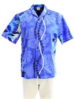 [USED ITEM] Royal Hawaiian Creations Monstera Lei Blue Poly Cotton Men's Hawaiian Shirt(USED)