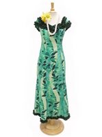 [USED ITEM] Royal Hawaiian Creations Monstera Lei Green Poly Cotton Hawaiian Nahenahe Ruffle Long Muumuu Dress (USED)