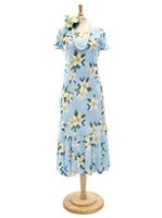 [USED ITEM] Two Palms Plumeria Light Blue Rayon Hawaiian Long Dress(USED)