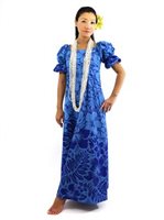 [USED ITEM] Gradation Medley Navy Poly Cotton Hawaiian Long Muumuu Dress(USED)