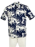 [USED ITEM] Two Palms Orchid Monstera Navy Cotton Men's Hawaiian Shirt(USED)