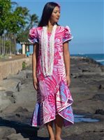 [USED ITEM] Anuenue Hibiscus & Plumeria Fuchsia & Cream Poly Cotton Hawaiian Myra Long Muumuu Dress (Used)