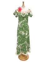 [USED ITEM PETTI] Royal Hawaiian Creations Hibiscus Panel Green Poly Cotton Hawaiian Jenny Ruffle Long Muumuu Dress SH (USED)