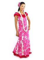 [USED ITEM] Royal Hawaiian Creations Hibiscus Panel Pink Poly Cotton Hawaiian Nahenahe Ruffle Long Muumuu Dress (USED)