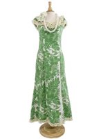 [USED ITEM] Royal Hawaiian Creations Hibiscus Panel Green Poly Cotton Hawaiian Nahenahe Ruffle Long Muumuu Dress (USED)