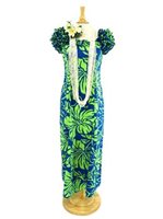 [USED ITEM] Anuenue Lithographic Hibiscus Blue & Lime Poly Cotton Hawaiian Ruffle Shoulder Long Dress(USED)