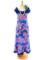 [USED ITEM] Anuenue Protea & Monstera Turquoise & Pink Poly Cotton Hawaiian Nahenahe Ruffle Long Muumuu Dress(USED)