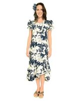 [USED ITEM] Two Palms Orchid Monstera Navy Cotton Hawaiian Long Muumuu Dress(USED)