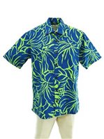 [USED ITEM] Anuenue Lithographic Hibiscus Blue & Lime Poly Cotton Men's Hawaiian Shirt (Used)