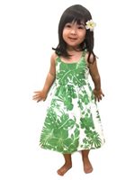 [USED ITEM] Royal Hawaiian Creations Hibiscus Panel Green Poly Cotton Girls Hawaiian Elastic Dress with Zipper (USED)