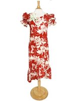 [USED ITEM] Two Palms Orchid Monstera Red Cotton Hawaiian Long Muumuu Dress(USED)