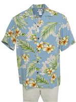 [USED ITEM] Two Palms Tuberose Blue Rayon Men's Hawaiian Shirt (Used)