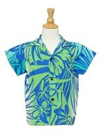 [USED ITEM] Anuenue Hibiscus & Plumeria Blue & Cream Poly Cotton Boys Hawaiian Shirt (Used)