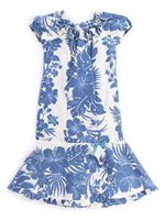 [USED ITEM] Royal Hawaiian Creations Hibiscus Panel Blue Poly Cotton Girls Ruffle Neck Long Muu Muu Dress (USED)