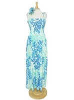 [USED ITEM] Anuenue Coral Seahorse White&Turquoise Rayon Hawaiian Summer Maxi Dress (USED)