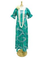 [USED ITEM] Anuenue Pua Kenikeni Lei Teal Poly Cotton Hawaiian Long Muumuu Dress (USED)