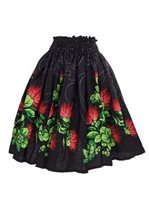 Anuenue (Pau) Ohia Lehua Border Black Poly Cotton Single Pau Skirt / 3 Bands