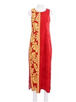 Hilo Hattie Prince Kuhio Red & Gold Rayon Piping Neck Long Dress