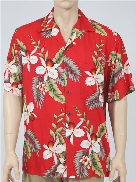 Two Palms Hawaiian Orchid Red Rayon Men's Hawaiian Shirt | AlohaOutlet