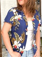 Two Palms Hawaiian Orchid Navy Rayon Women's Hawaiian Shirt