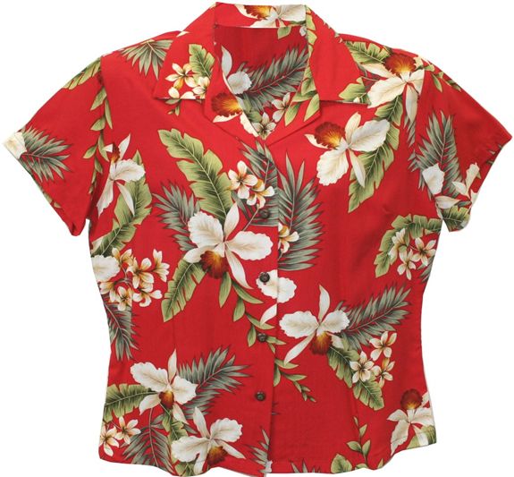 Two Palms Hawaiian Orchid Red Rayon Women's Hawaiian Shirt , S